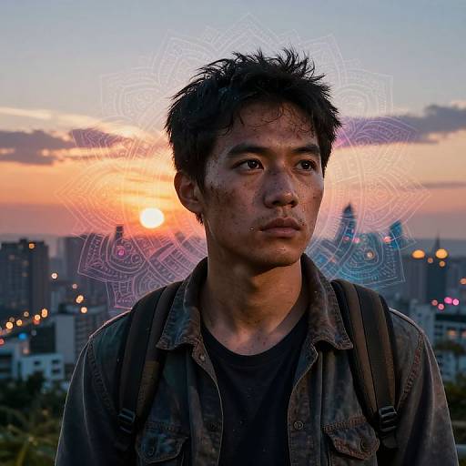 Photograph of a serious, dirty-faced Asian man with tousled black hair, wearing a dark shirt and backpack, against a sunset cityscape with intricate