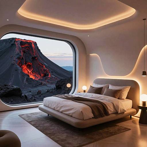 Photograph of futuristic bedroom with glowing ceiling, curved window showing a glowing red volcanic landscape at sunset, bed with white and gray bedding.