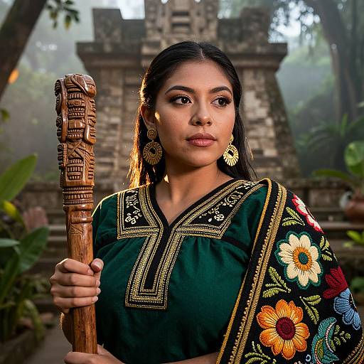Photograph of a young South Asian woman in traditional green embroidered dress, holding a wooden staff, standing in a misty, ancient stone temple with lush