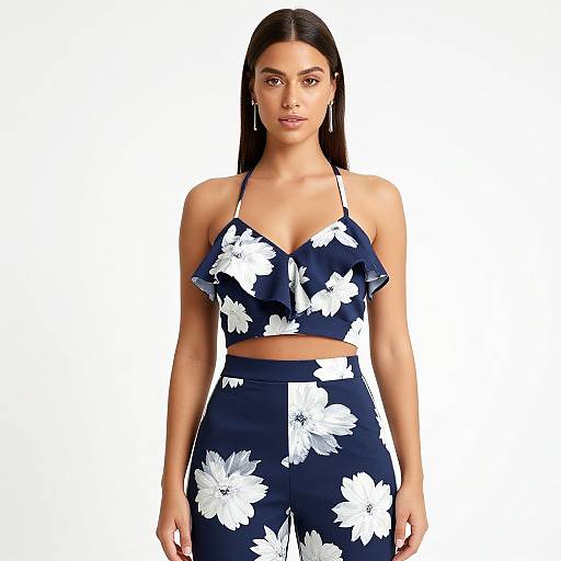Photograph of a young woman with long black hair wearing a navy blue, white floral crop top and matching high-waisted pants against a white background