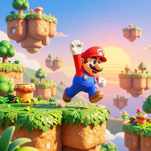 CGI image of Mario jumping mid-air in a vibrant, colorful Super Mario World landscape with floating islands and lush greenery.