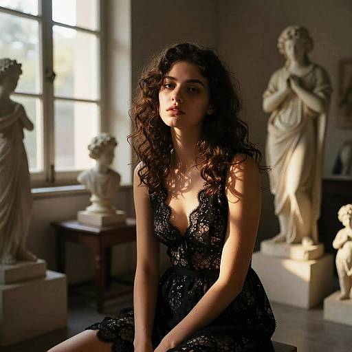 Photograph of a curly-haired woman in a black lace dress, sitting in a dimly lit museum room with classical statues in the background. Soft sunlight