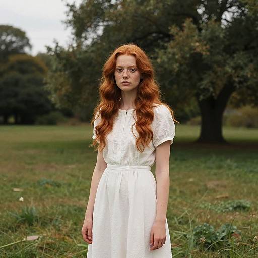 Photograph of a fair-skinned, red-haired woman with long wavy hair, wearing a white, short-sleeved dress, standing in a