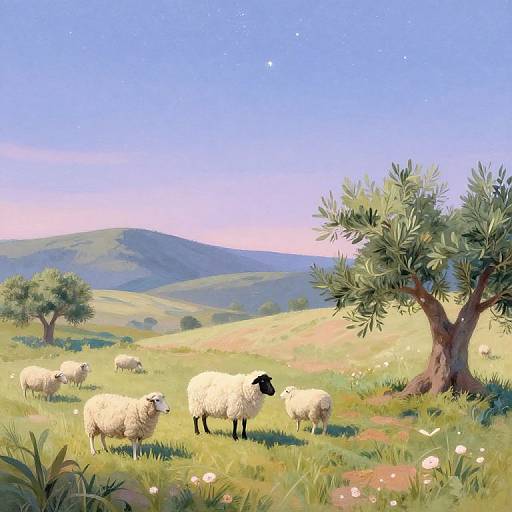 Digital illustration of a sunny, green pasture with grazing sheep, an olive tree, and rolling hills under a clear blue sky.