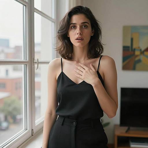 Surprised Woman in Stylish Indoor Setting