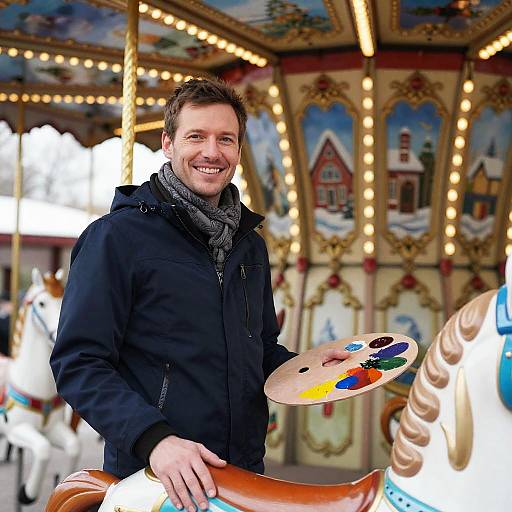 Joyful Artist Beside Ornate Carousel