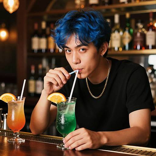 Photograph of a young man with blue hair, sipping a green drink with an orange slice, sipping through a straw, wearing a black shirt