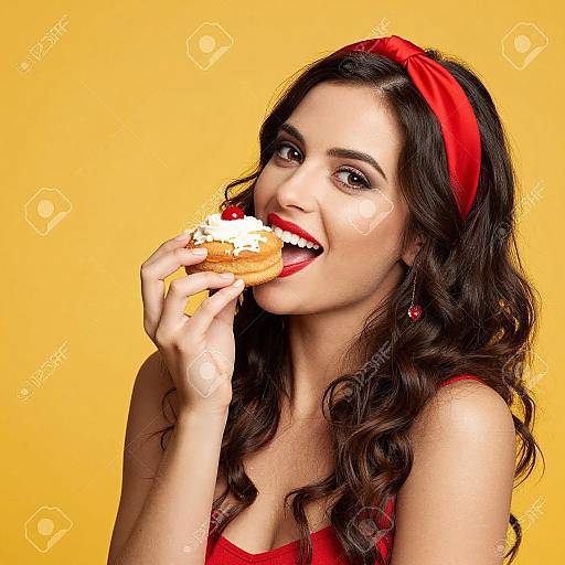 Photograph of a smiling brunette woman with wavy hair, red headband, red dress, and red earrings, biting into a cream-topped don