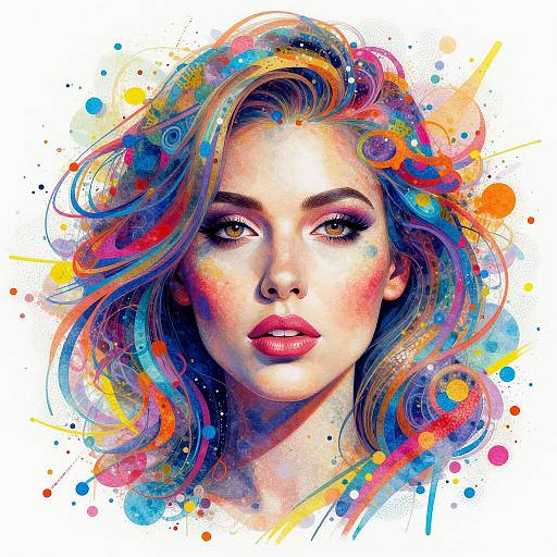Digital portrait of a beautiful woman with colorful, wavy hair, vibrant splashes of blue, orange, and pink, and intense gaze.