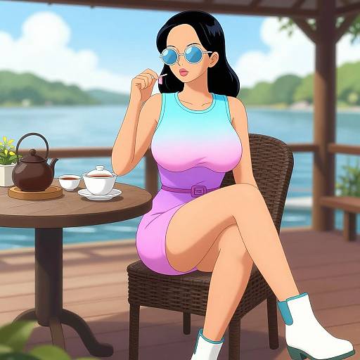 Digital drawing of a woman with black hair, blue gradient tank dress, white socks, and round sunglasses, sitting by a lakeside table.