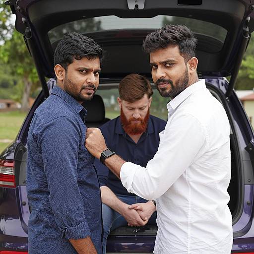 Men Engaging Near Open SUV Trunk