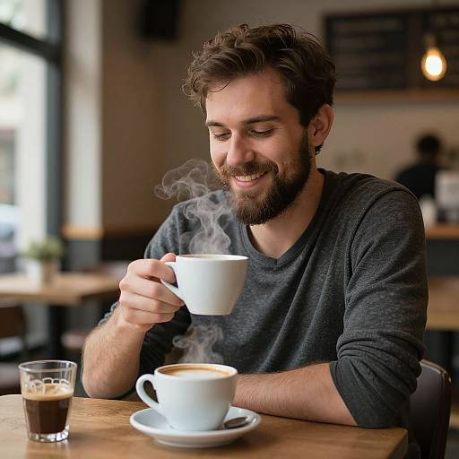 Photograph of a smiling bearded man in a gray sweater, holding a steaming white cup of coffee at a wooden café table.