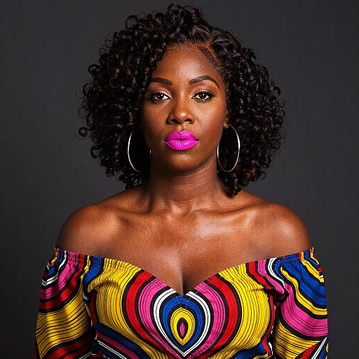 Photograph of a dark-skinned woman with curly black hair, wearing a vibrant off-shoulder dress with colorful abstract patterns, and pink lipstick,