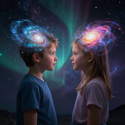 Photograph of a boy and girl facing each other, both with glowing galaxy-like spiral patterns on their heads, against a dark, starry background with