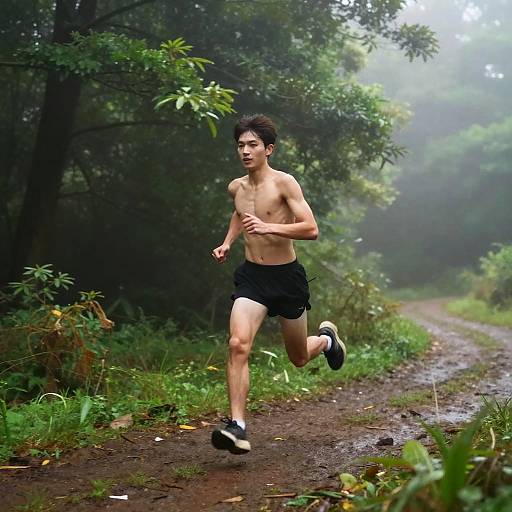 Photograph of a young, shirtless man with fair skin and dark hair, running on a muddy forest path in black shorts and sneakers, surrounded by