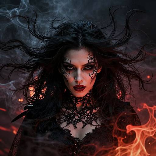 Digital artwork of a fierce, dark-haired woman with smoky black lace makeup, red lips, and fiery background, exuding intense, demonic allure.