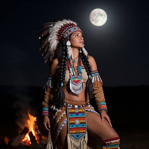 Photograph of a Native American woman in traditional regalia, with long braids, feathered headdress, and colorful beadwork, gazing at