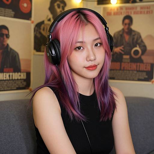 Photograph of an Asian woman with pink and purple hair, wearing black headphones and a sleeveless black top, seated against movie posters.