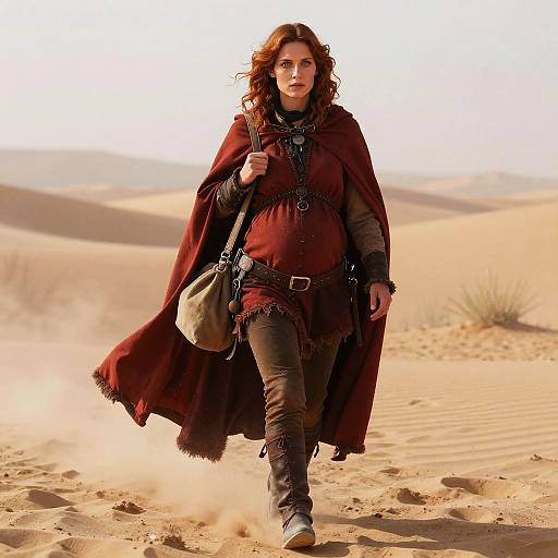 Photograph of a pregnant woman with wavy brown hair, wearing a red cloak, brown pants, and boots, walking through a sandy desert. She