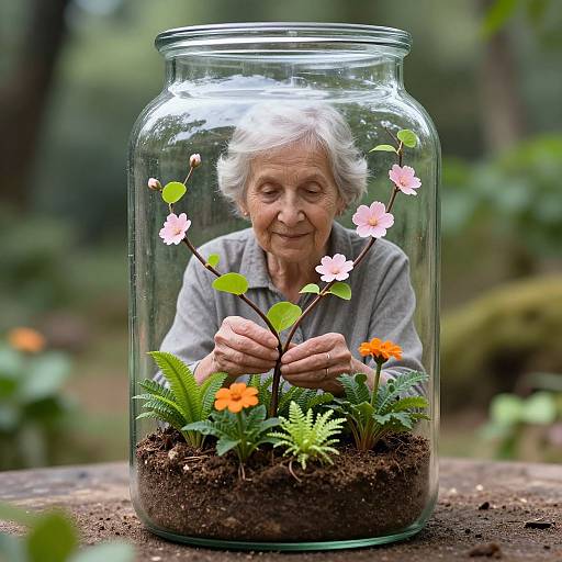Photograph of an elderly woman with white hair, smiling, holding a small plant with pink and orange flowers inside a clear glass jar, set on a