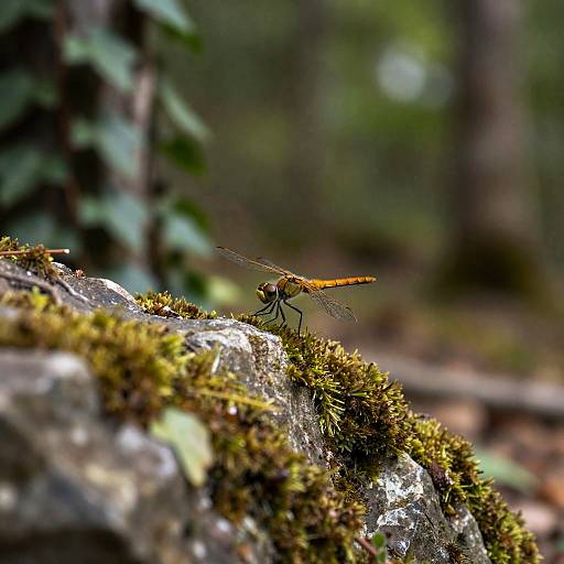 Amber-Eyed Dragonfly on Mossy Rock