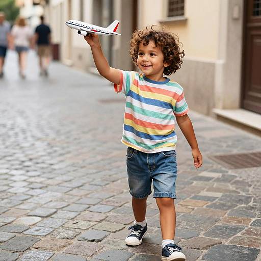 Child Playing with Toy Airplane on Cobblestone Street