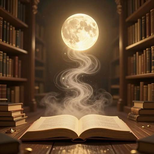 Photograph-style digital art: Open book on wooden floor, glowing full moon above, wisps of white smoke spiraling upward between book and moon,