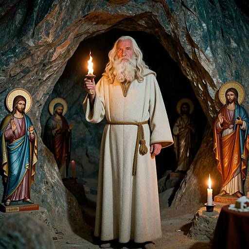 Photograph of an elderly white man with a long white beard, wearing a white robe, holding a lit candle, standing in a cave with religious statues