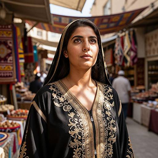 Photograph of a young South Asian woman with medium brown skin, long black hair, and dark eyes, wearing an ornate black traditional dress with gold