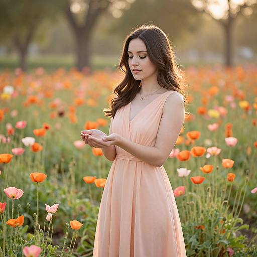 Photograph of a young woman with long dark hair, wearing a peach sleeveless dress, standing in a sunlit field of orange and pink poppies