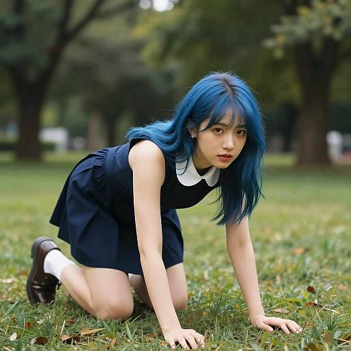 Photograph of an East Asian woman with bright blue hair, kneeling on grass in a park, wearing a black dress and white collar. Trees and blurred