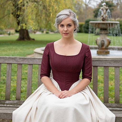 Photorealistic digital portrait of a silver-haired woman with fair skin, wearing a maroon bodice and white skirt, sitting on a wooden bench in