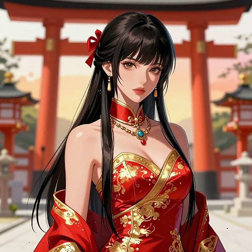 Digital anime-style drawing of a beautiful Asian woman with long black hair, red and gold traditional dress, red ribbon, and jewelry, standing in front of