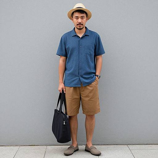 Photograph of an Asian man with short black hair, beard, wearing a blue shirt, tan shorts, straw hat, gray shoes, black bag,