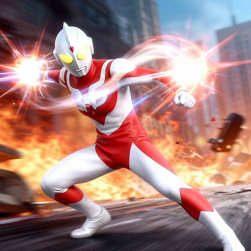 Digital CGI image of a white and red masked superhero with glowing yellow eyes, firing energy blasts, standing in a fiery, urban battleground. Dynamic, action