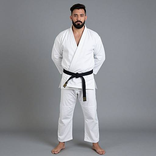 Photograph of a bearded man with dark hair, wearing a white karate gi with a black belt, standing barefoot against a gray background.