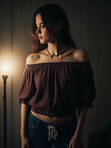 Woman in Mauve Off-Shoulder Top and Dark Jeans