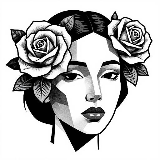 Black and white digital illustration of a woman with short hair, wearing a floral headpiece with large roses, featuring bold, high-contrast shading and sharp