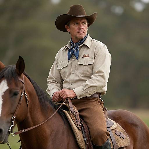 Photograph of a middle-aged white man in a cowboy outfit, brown hat, beige shirt, blue bandana, riding a brown horse with a white