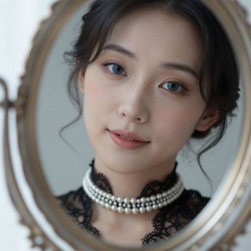 Photograph of a young Asian woman with fair skin, blue eyes, and black hair in a loose updo, reflected in an oval mirror. She