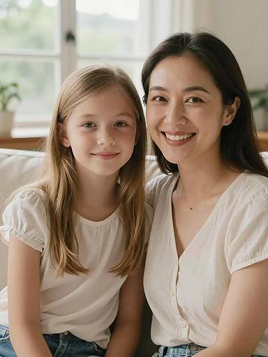 Smiling mother and daughter sitting on sofa