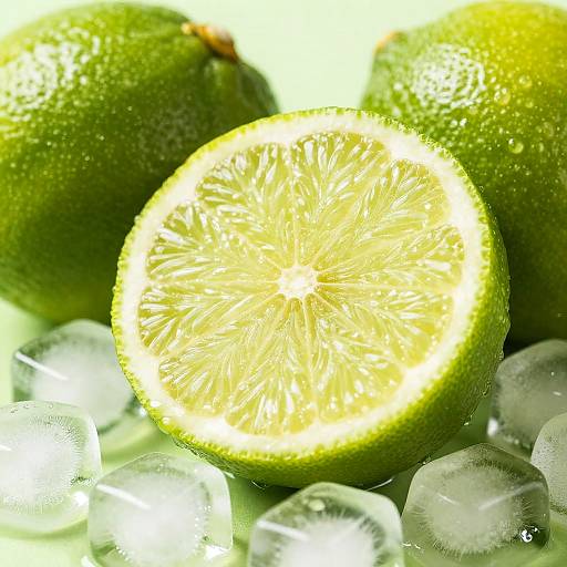 Photograph of a bright green, halved lime with a juicy, textured interior, surrounded by clear, sparkling ice cubes.