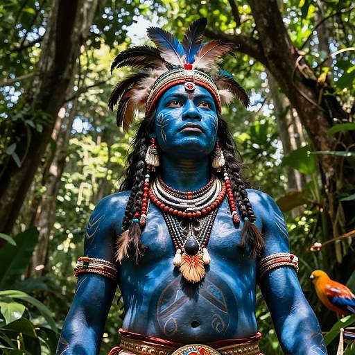 Photograph of a muscular, blue-painted indigenous man with feathered headdress, beaded necklaces, and arm bands, standing in a lush