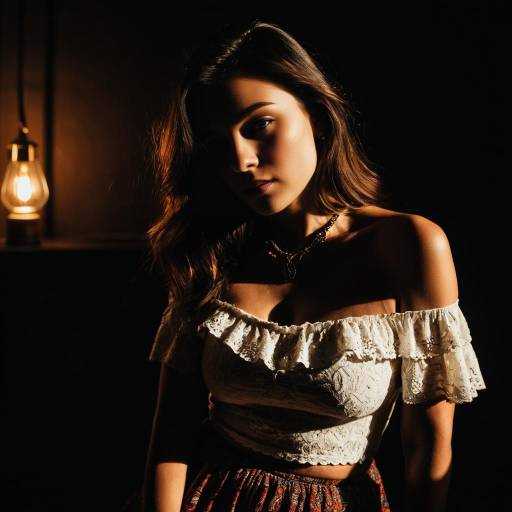 Portrait of woman in lace off-shoulder top