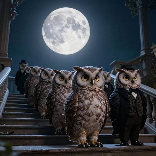 Digital artwork of five anthropomorphic owls in tuxedos standing on illuminated stairs at night, with a bright full moon in the background.