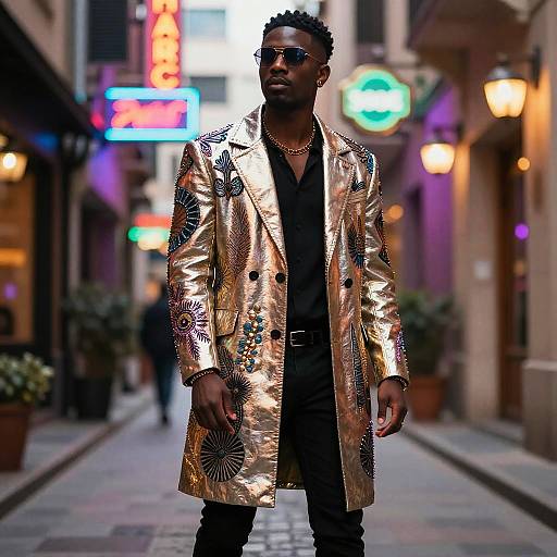 Confident Man in Neon Alley Fashion