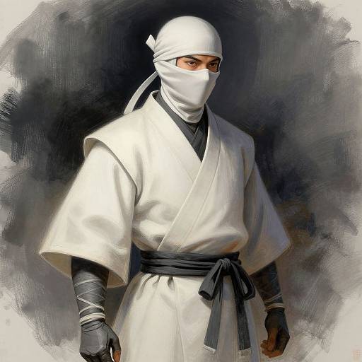 Digital painting of a serious male ninja in white gi, black belt, mask, and gloves, with dark, textured background.