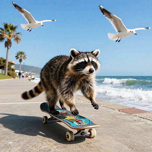 Photograph of a raccoon riding a colorful skateboard along a sunny beach boardwalk, with seagulls flying overhead and palm trees in the background.