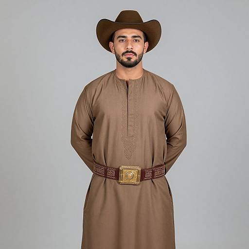 Photograph of a bearded man with dark skin, wearing a brown cowboy hat, brown long-sleeve kurta, and brown belt with gold