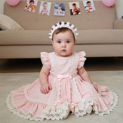 Photograph of a baby with fair skin, blue eyes, and brown hair, wearing a pink lace dress and white headband, sitting on a beige